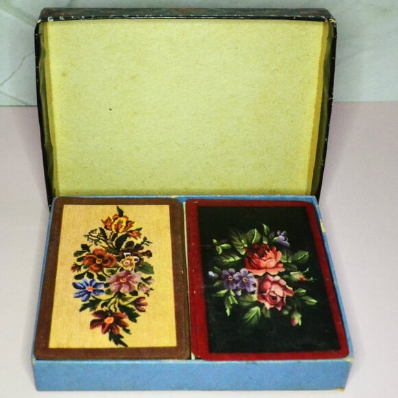 Vintage EE Fairchild Corp Playing Cards Twin Pack Boxed Petit Point Pattern - Picture 1 of 7